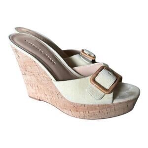 Veronica Beard Cork Platform Wedge Heels Suede Shoes Buckle Mules Size 9